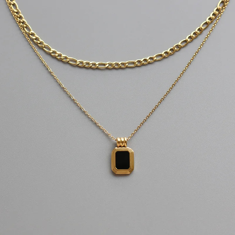 Winter Cloth Necklaces Figaro Chain and Black Pendant Charm Pendant 2 Layer Necklace