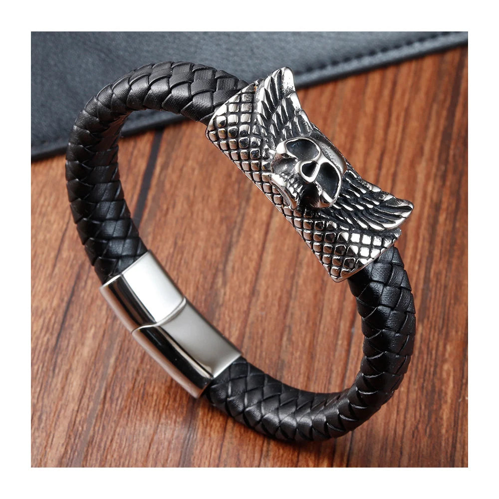 Classic Retro Black Stainless Steel Magnetic Clasp and Genuine Leather Skulls Wing Woven Bracelets Fashion Jewelry Gift