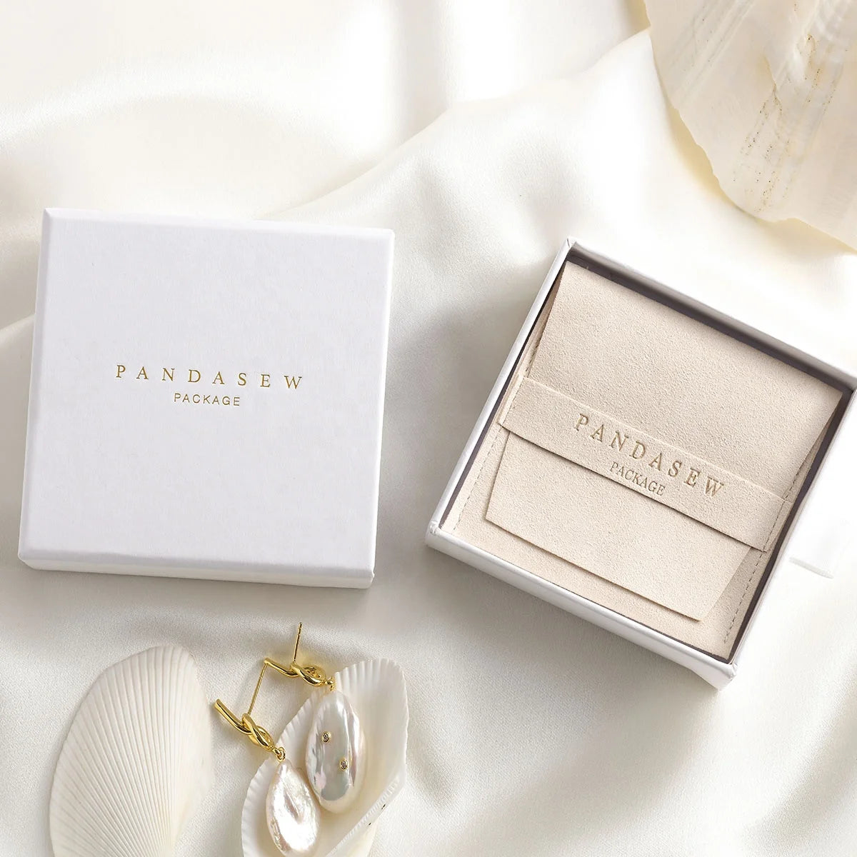 PandaSew Custom logo Printed Luxury Paper Packaging Jewelry Box & Microfiber Jewelry Pouch