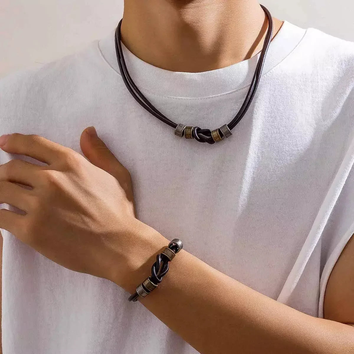 SHIXIN Hip Hop Cylindrical Beads Charm Necklace for Men PU Leather Rope With Tie a Knot Choker Neck Chain Jewelry Punk Boy New