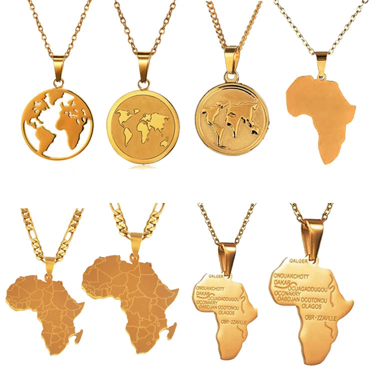 Travel Jewelry Globe Map Necklace Stainless Steel Women Man World Map Pendant Necklace Gold Africa Map Necklace for Men