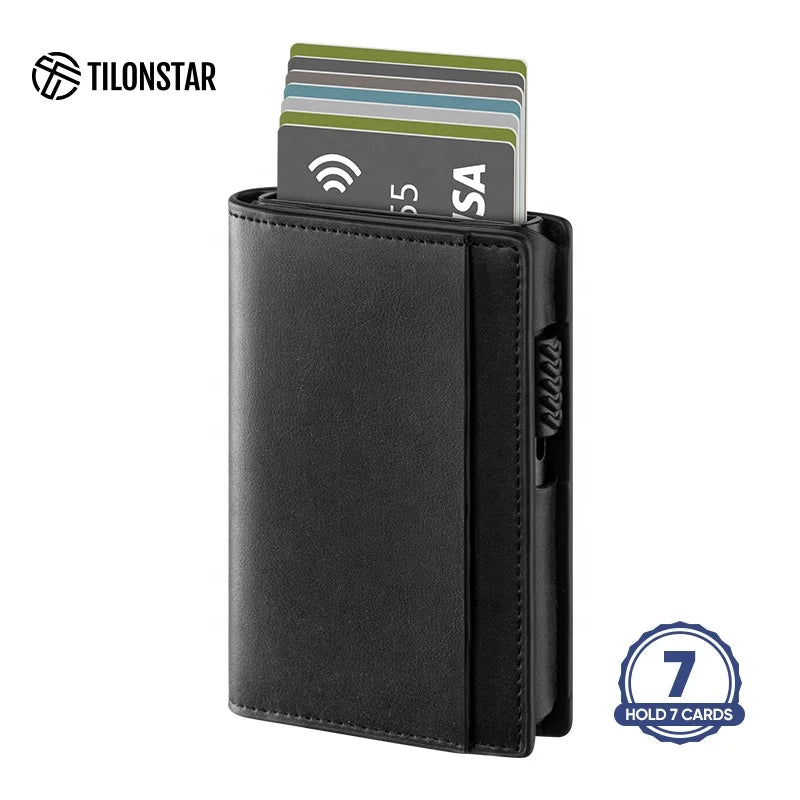 TILONSTAR Pop up RFID Blocking Minimalist Metal Card Case Aluminum Leather Credit Card Holders Wallet