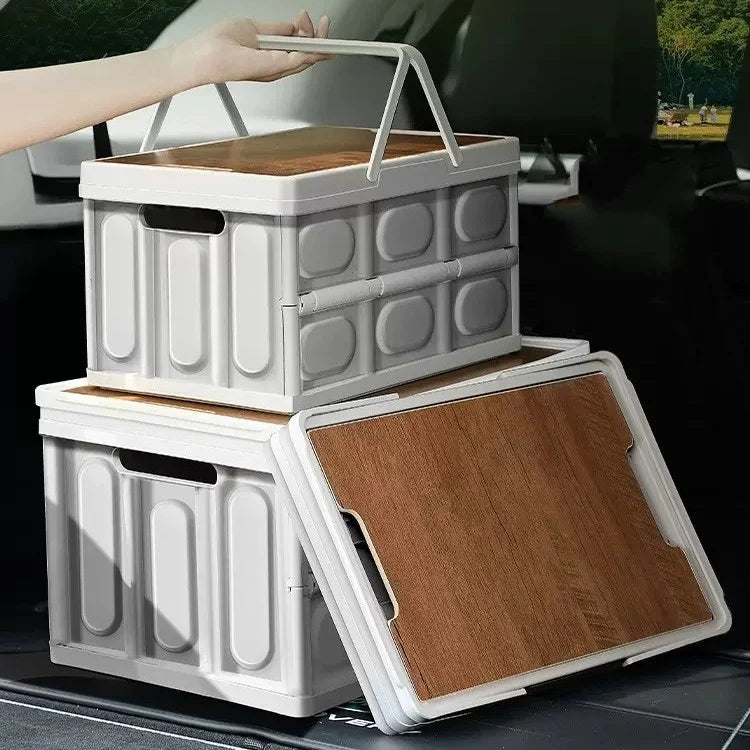 Stackable PP Plastic Storage Box with Imitation Wood Lid Foldable Organizer
