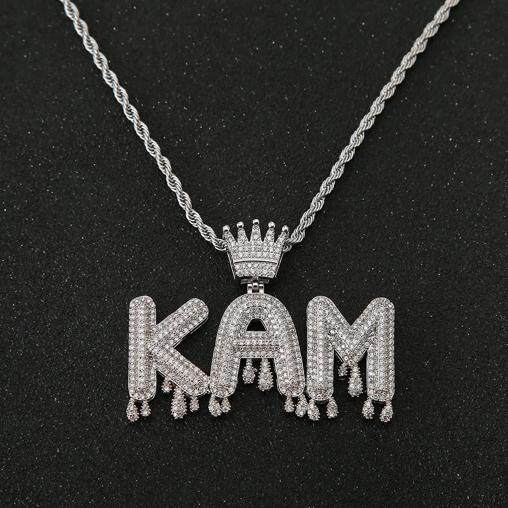 Custom Iced Out Name Necklace with Crown Personalized Letter Pendant Hip Hop Rope Chain Jewelry for Men