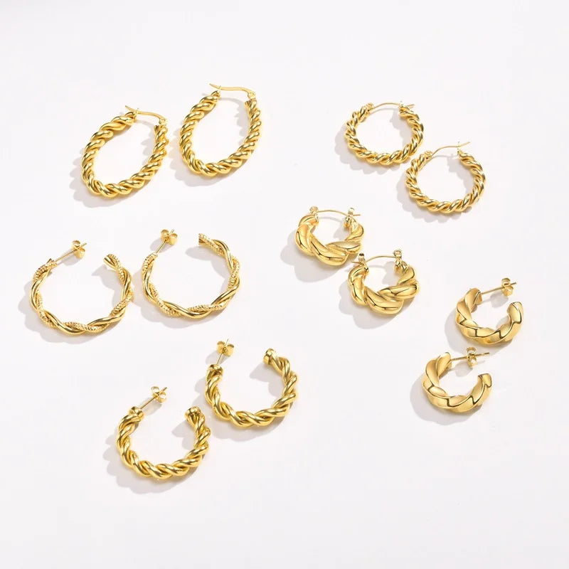 Hot Selling Vintage C Type Earrings Gold Plated Stainless Steel Earrings Elegant Twisted Huggie Hoop Earrings for Women