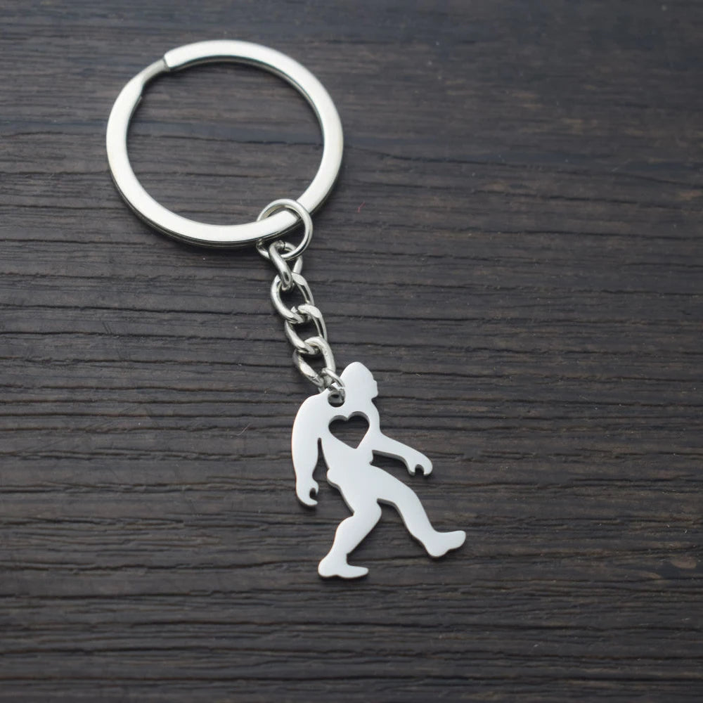 Stainless Steel Bigfoot Keychain Sasquatch with Heart Key Rings for Men Gift Jewelry