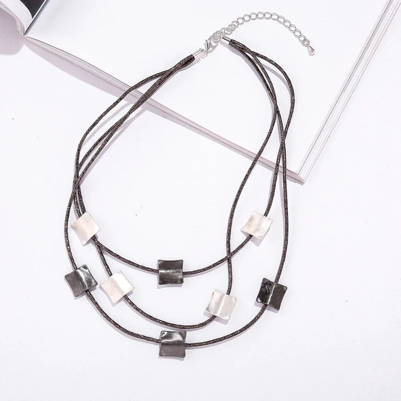 Personalized Customized Three Layered Black Leather Square Alloy Choker Necklace for Women