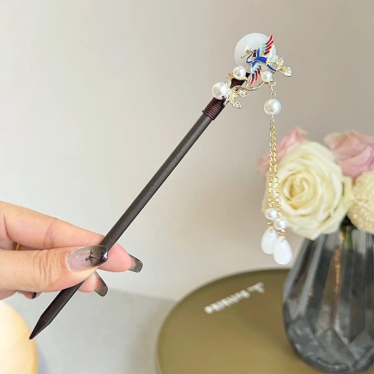 Vintage  Elegant Chinese Style Flower Crane Tassel Hairpin Vintage Hair Stick Tool Daily Wear Women Jewelry Hair Accessory