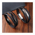 Multilayer Stainless Steel Magnetic Clasp Leather Cuff Bracelet Hand-woven Genuine Leather Braid Fashion Mens Bracelets Jewelry