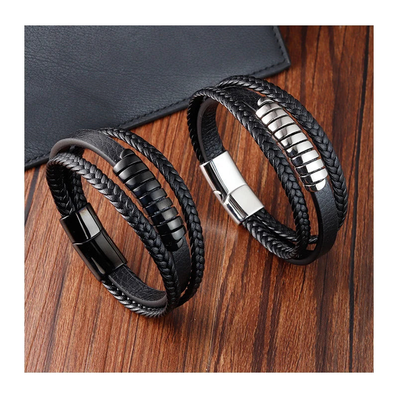 Multilayer Stainless Steel Magnetic Clasp Leather Cuff Bracelet Hand-woven Genuine Leather Braid Fashion Mens Bracelets Jewelry
