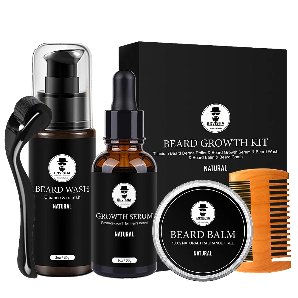 Skin Beard Care Products Custom 5 Pcs Men Beard Growth Set Private Label Organic Grooming Beard Oil Growth Kit