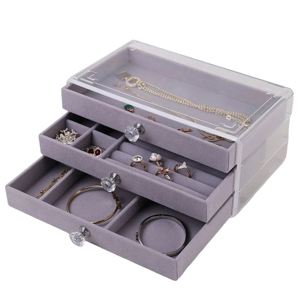 Flannel Three-layer Drawer Transparent Storage Plastic Jewelry Box