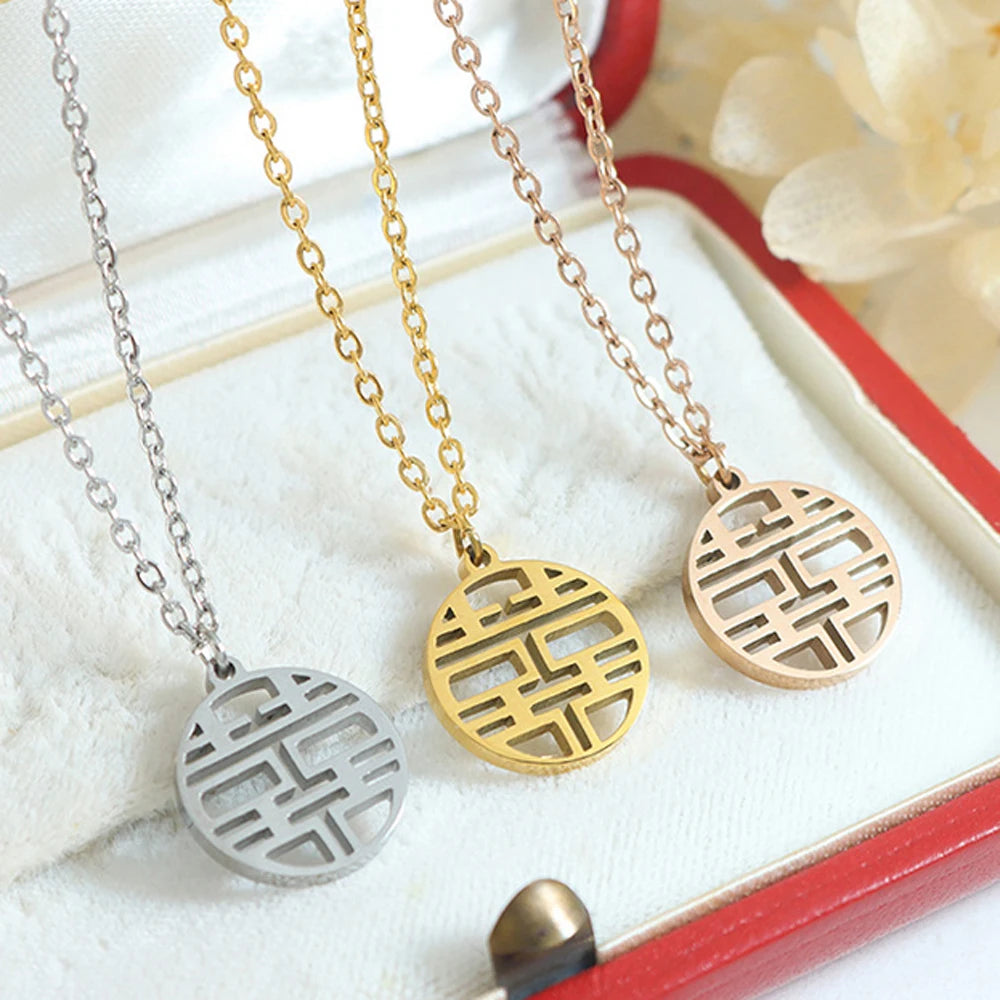 China Character Words Fu Necklace Stainless Steel Good Luck Necklace 18k Gold Happiness Fu Blessing Necklace for Women Men