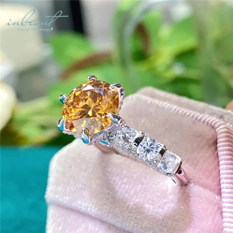 Silver 925 Original 3 Carat Brilliant Cut Diamond Test Past Yellow VVS1 Moissanite Wedding Ring GRA Certificate Gemstone Jewelry