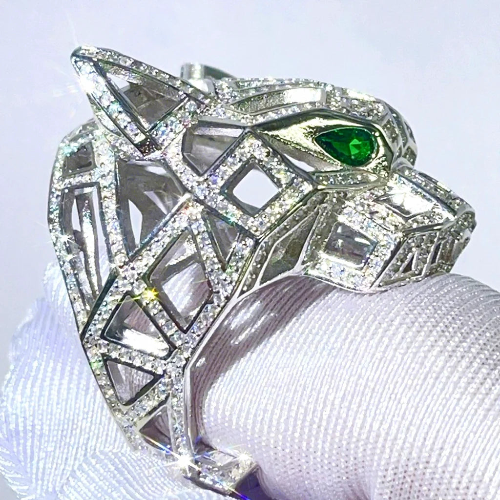 Iced Out Moissanite Diamond 925 Silver Men Fashion White Gold Leopard Ring