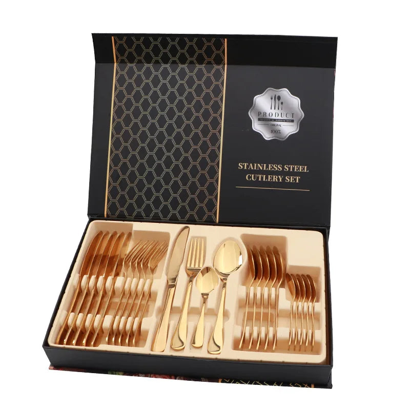 High Quality Colorful Stainless Steel Cutlery Set Cubiertos Mirror Polishing 24pcs WIth Gift Box