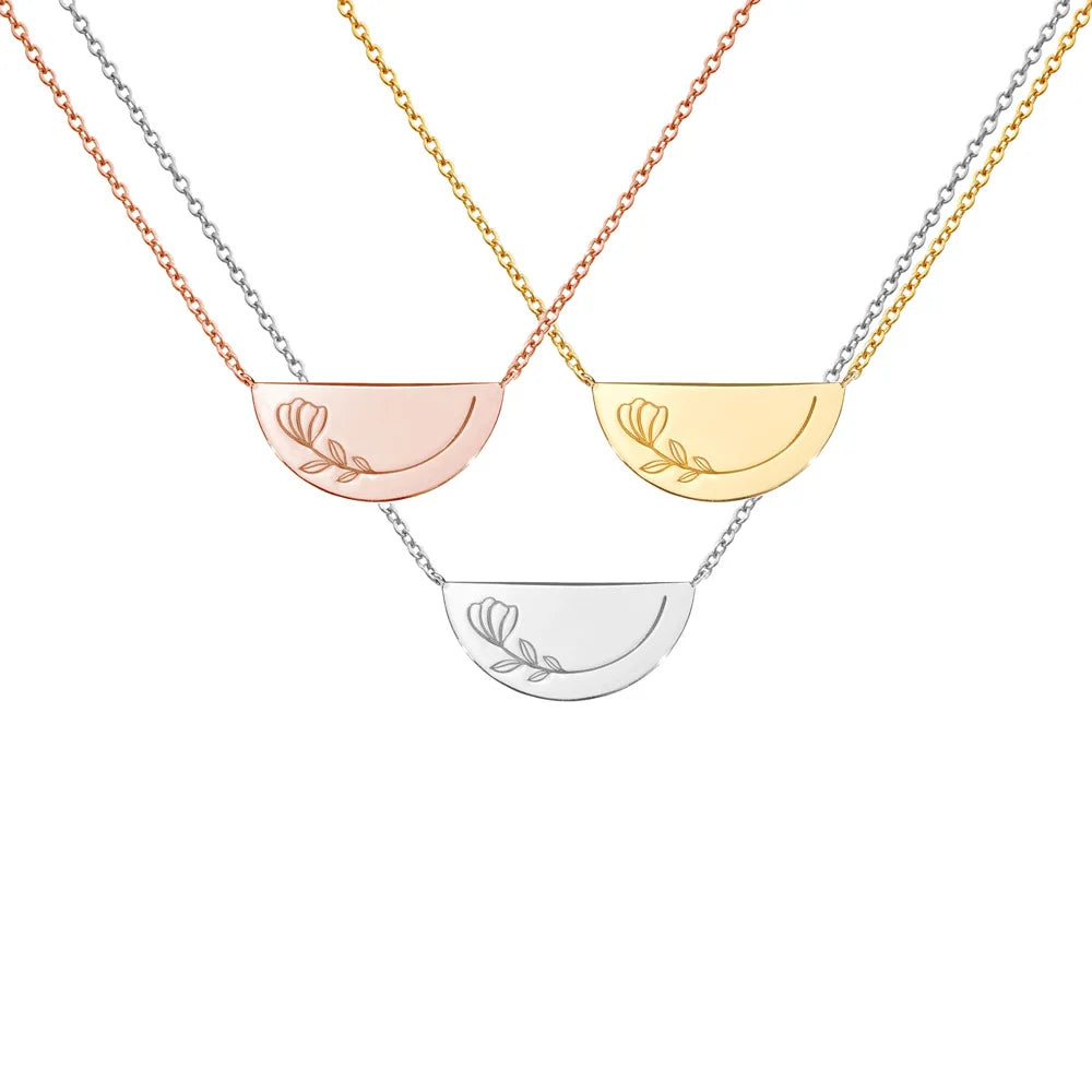 Fashion Women Jewelry Necklaces 18k Gold Plated Half Circle Pendant Necklace Custom Engraved Flower and Message Chain Necklace