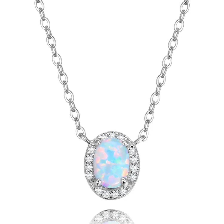 Women's Rhodium-Plated Sterling Silver 925 Necklace with White Opal Classic Style for Engagement Wedding Party or Anniversary