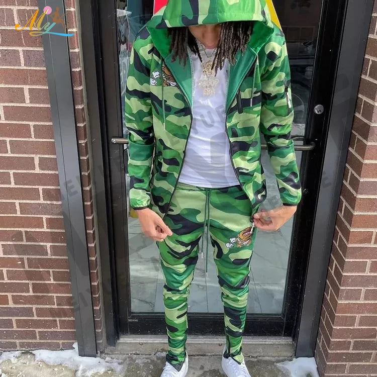 OEM Custom Logo Zip up Hoodies Set Men Cotton Tech Fleece Two Pieces Camouflage Sportswear Jogger Tracksuit Custom Sweatsuit