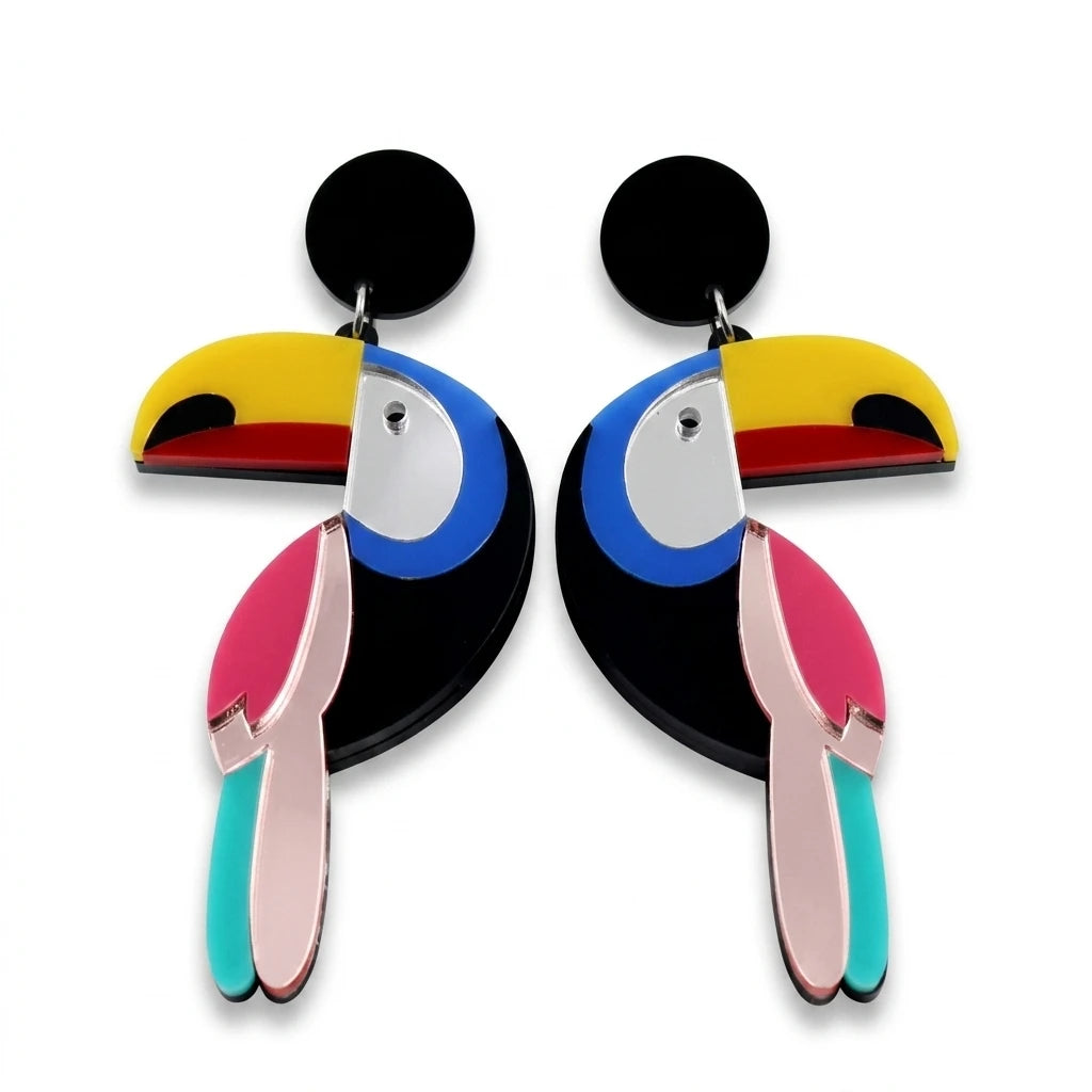 Tropical Toucan Bird Earrings Multi-Color Layered Acrylic Jewelry Exotic Animal Studs Bulk Wholesale Summer Accessory
