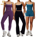 Women's High Waist Flare Fitness Crop Tops Gym Leggings Fashion Workout 2 Piece Yoga Sports Set with Print Sleeveless Activewear