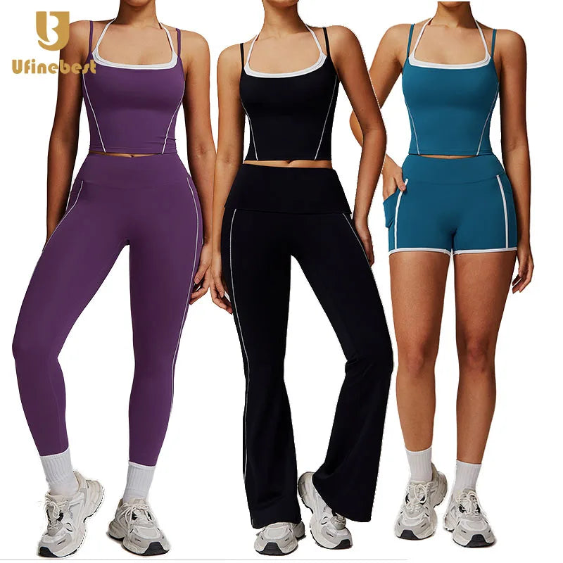 Women's High Waist Flare Fitness Crop Tops Gym Leggings Fashion Workout 2 Piece Yoga Sports Set with Print Sleeveless Activewear