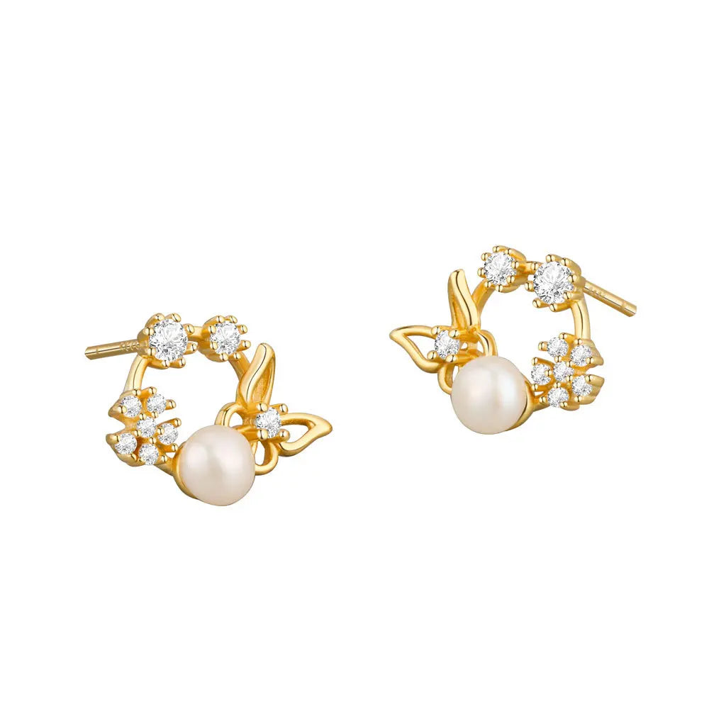 Wish Jewelry Small Micro Pave Cubic Zircon Butterfly Stud Earrings Elegant Gold Plated S925 Silver Round Pearl Stud Earrings