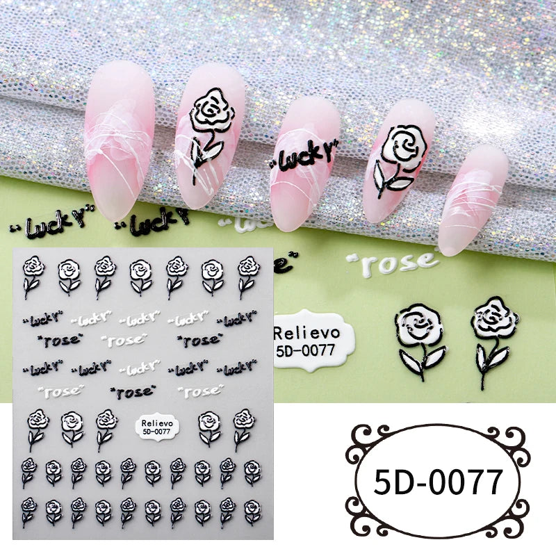 5D White Floral Acrylic Engraved Decals Self-Adhesive Stereoscopic Embossed Flowers Nail Stickers Spring Nail Art Supplies PET