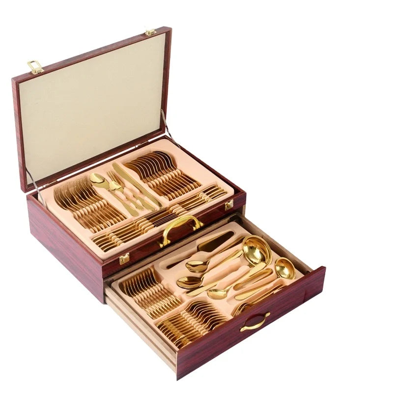 Top Seller Elegant Dinnerware Stainless Steel Flatware Set 72pcs 84pcs Cutlery Set with Wooden Box