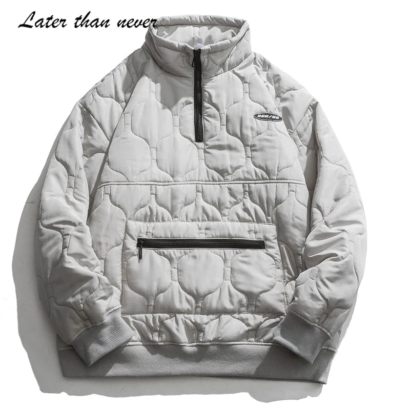 Factory Winter Quilted Anorak Jacket with Half Zipper Solid Puffer Design 100% Polyester Woven Fabric Letter Print Plain Dyed