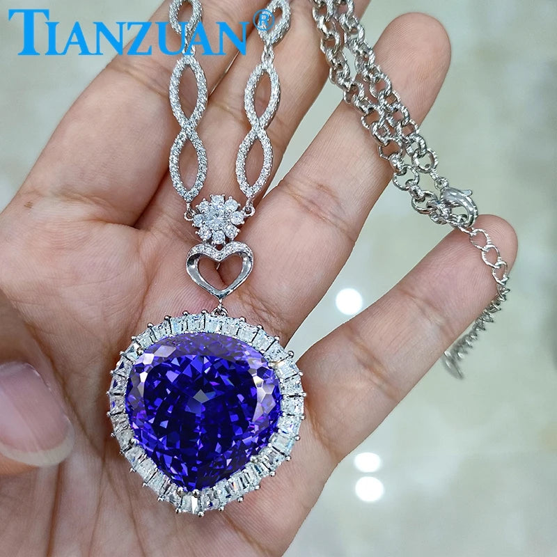 S925 Silver Luxury Wedding Blue Tanzanite Color Cz / Moissanite Stone Titanic Heart of Ocean Love Forever Pendant Necklace Party