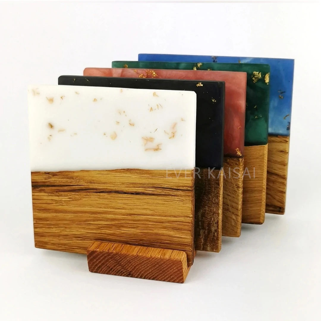 Oak Wood Square Coasters with Epoxy Resin Edge  Olive Wood Epoxy Resin coaster