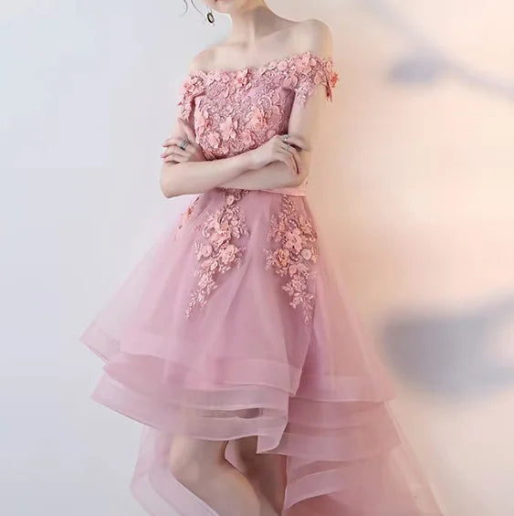 S-3XL Off Shoulder Swallowtail Front Short Back Long Evening Dress Fluffy Dress  Bridesmaid Dresses