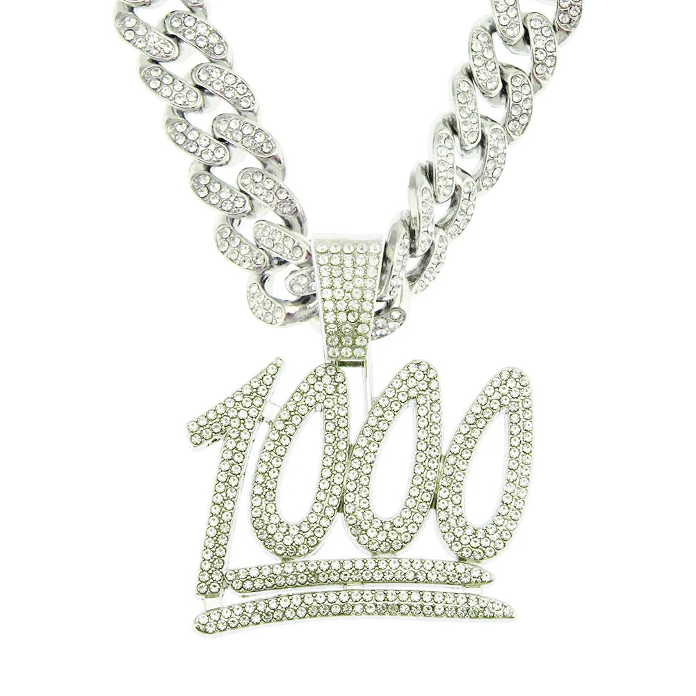 Hip Hop Rhinestone Cuban Chain Necklace Men's Full Diamond 100 Number Pendant Hipster Street Rapper Accessories