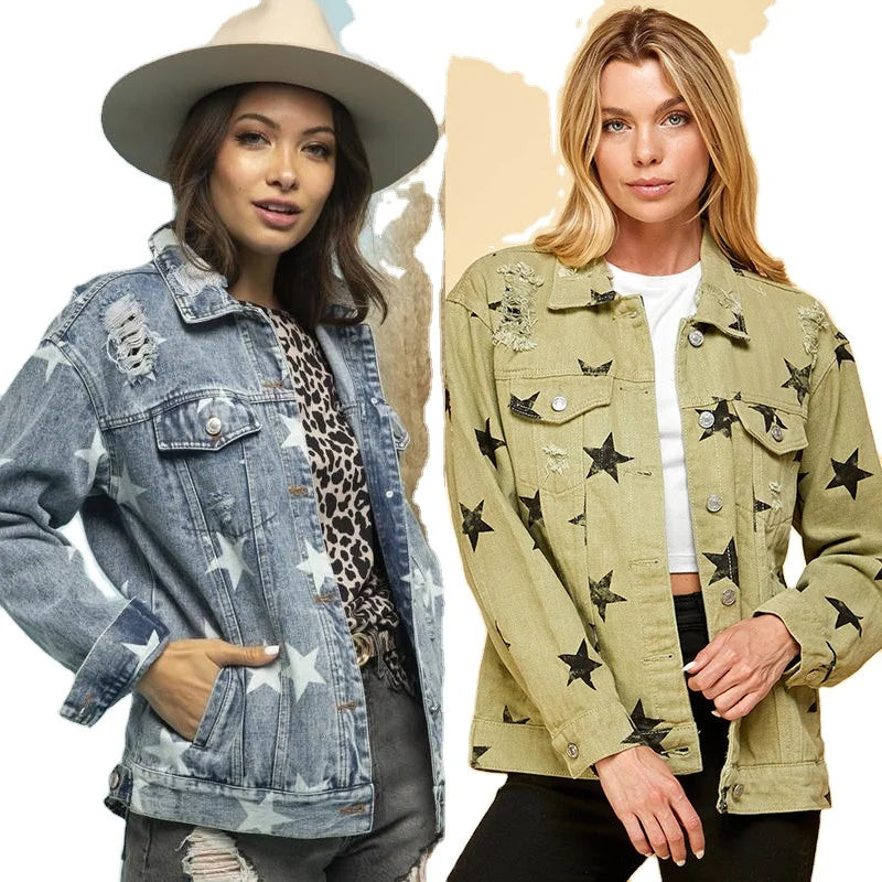 Ripped Women's Vintage Solid Winter Denim Motorcycle Jacket with Button Closure Eco-Friendly New Arrival