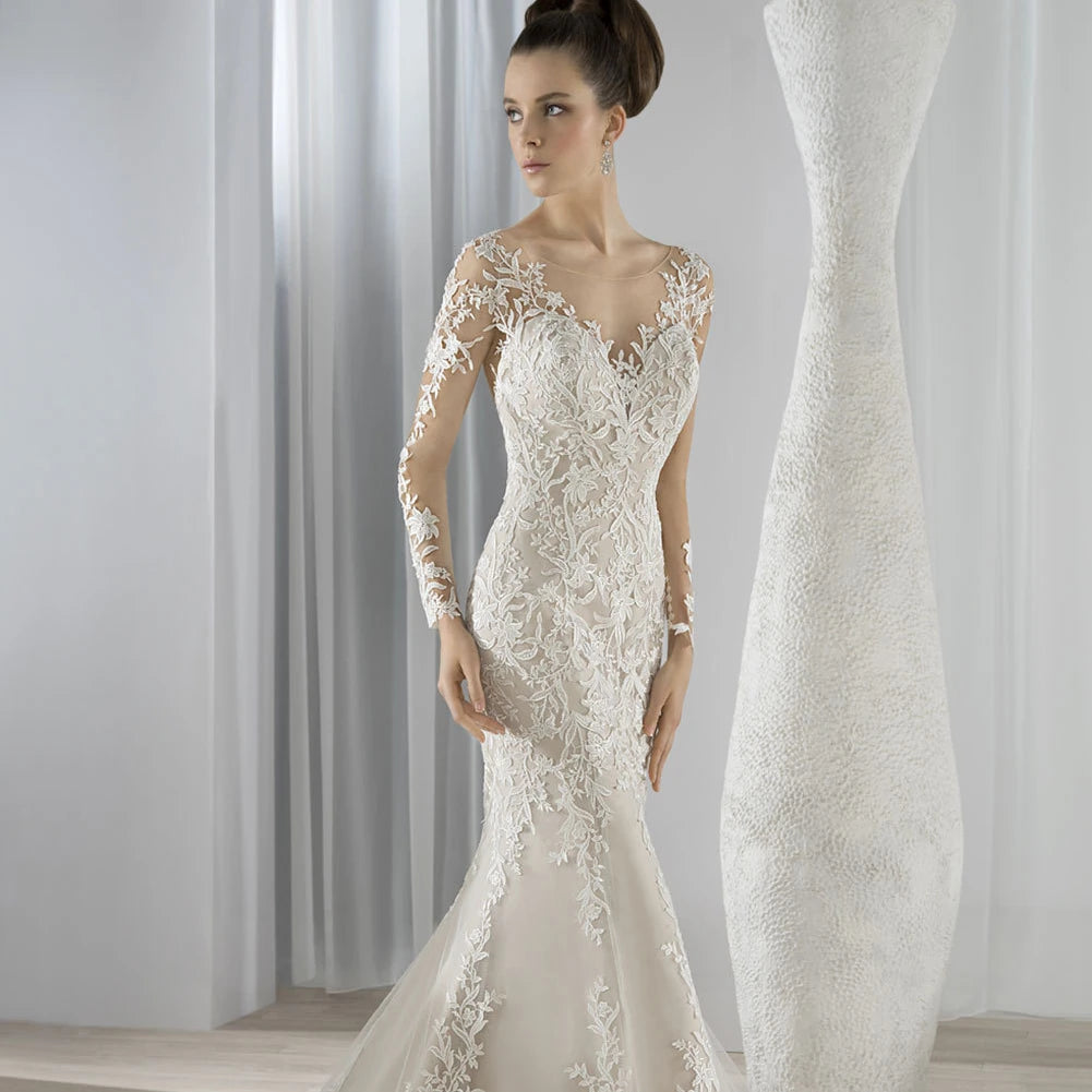 Women Lace Appliques Elegant Long Sleeve Bride Gown Bridal Mermaid Wedding Dresses