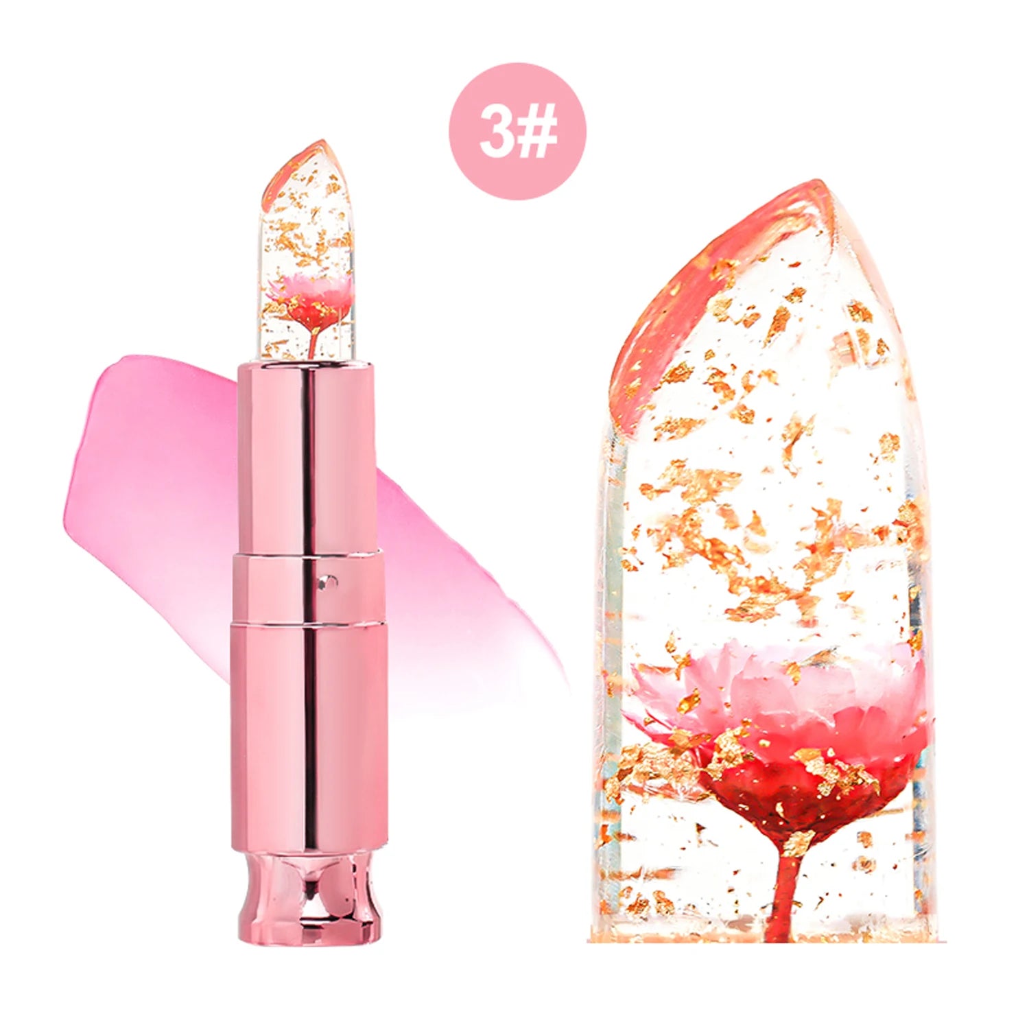 Gold Foil Temperature-Changing Lip Balm Stick Pink Tube Color Change Flower Lipstick