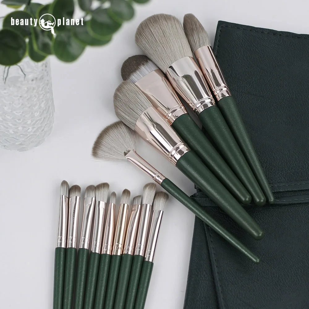 Beauty Planet Custom Logo Makeup Brush Set Private Label Travel Makeup Brush Set Professional Skin Care & Tools 14 Pcs Green