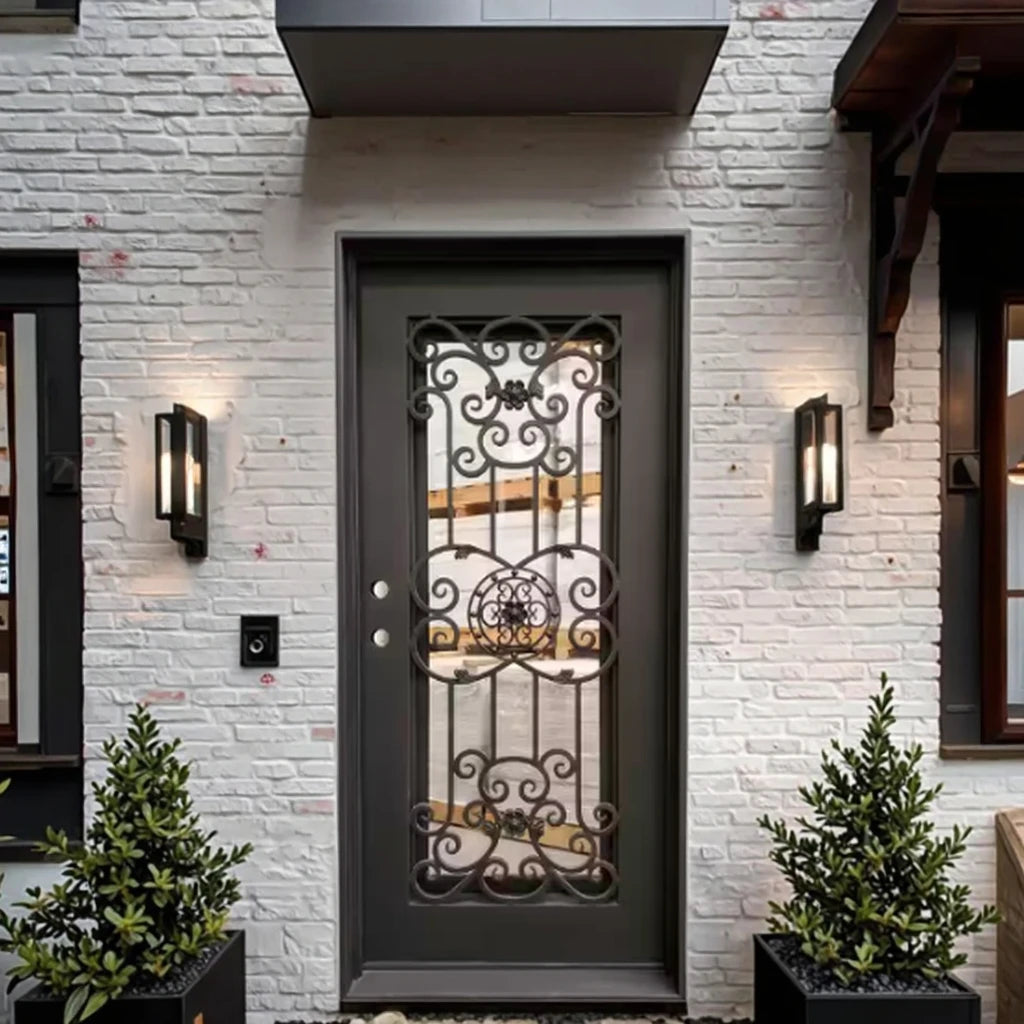 38-In. X 81-In. 1-Panel Dark Bronze Wrought Iron Prehung Front Door Right-Hand/Inswing Operable Straight Frosted Glass Manual MegaBDM