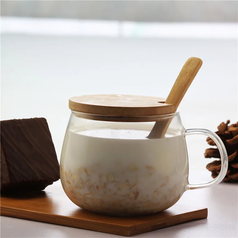 12 oz High Borosilicate Coffee Glass Drink Tea Milk Bottle Cup Mug With Bamboo Wood Lid and Wood Spoon