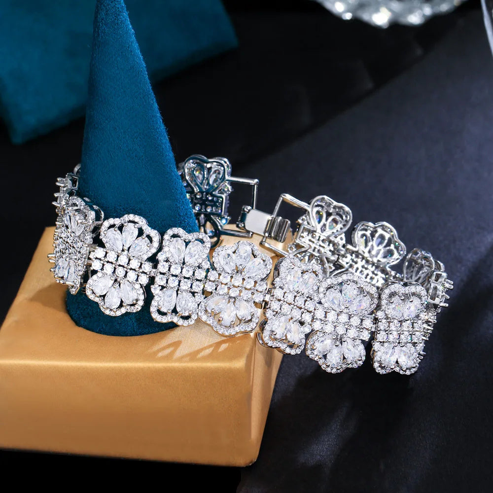 Super Luxury Silver Plated Cubic Zircon White Big Chain Wedding Bridal Bracelets for Women Engagement Party Jewelry Accessories