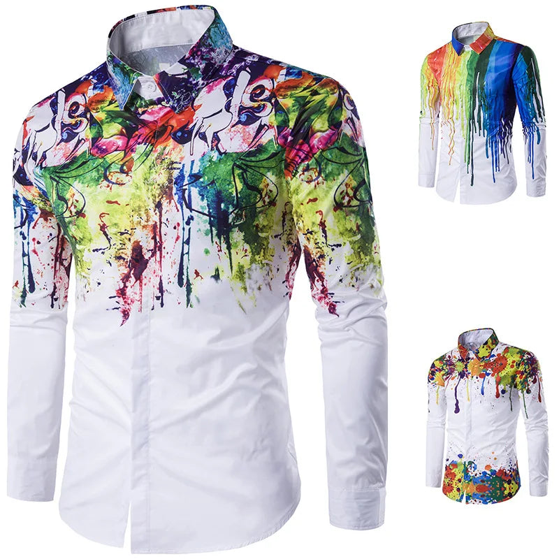 RNSHANGER New Men Shirts Summer Long Sleeve Ink Graffiti Color Comfortable Shirts Street Turn-down Collar Plus Size Shirts