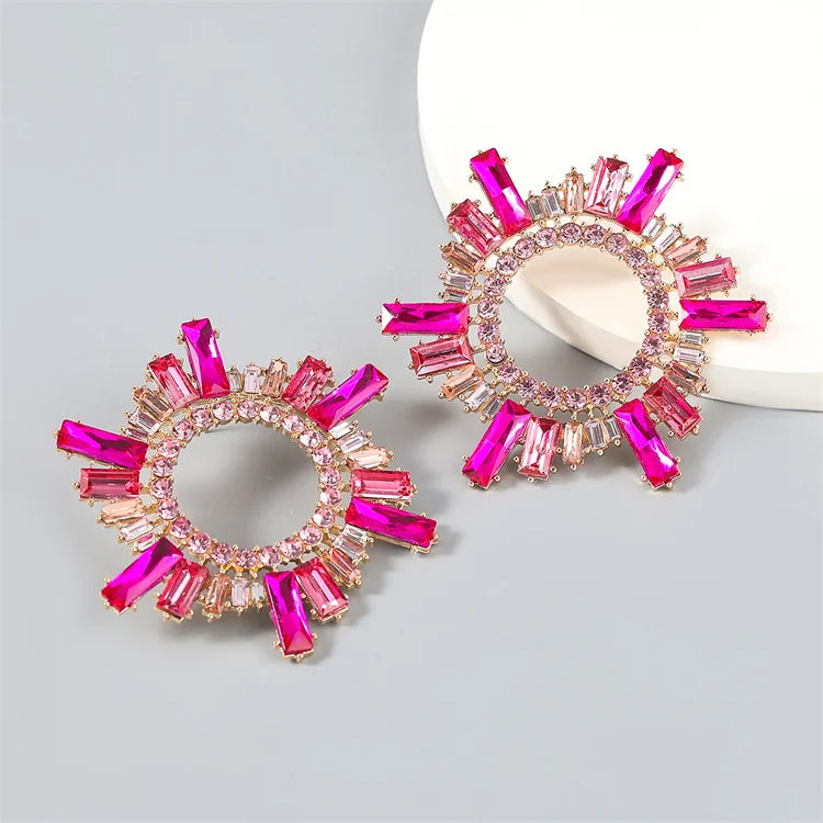 Wholesale Trendy Exaggerated Sunflower Glass Diamond Rhinestone  Super Flash Luxury Dinner Party Earrings