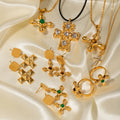 Luxury New Punk 18k Gold Plated Stainless Steel Jewelry Fashion Cross Shape Crystal Bracelet Necklace and Earrings Set for Women