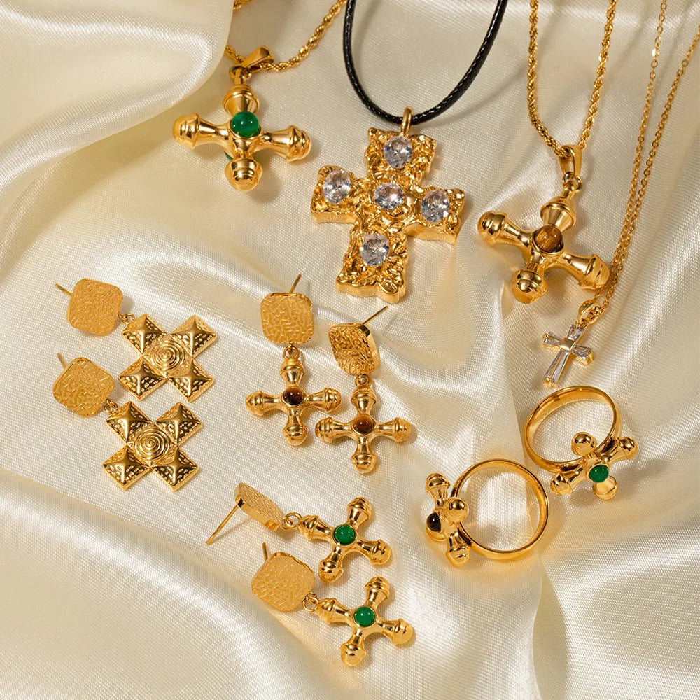 Luxury New Punk 18k Gold Plated Stainless Steel Jewelry Fashion Cross Shape Crystal Bracelet Necklace and Earrings Set for Women
