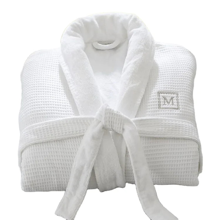 Embroidered Luxury Hotel Waffle Terry Cloth Bath Robe Knee Length Bathrobe for Hotel