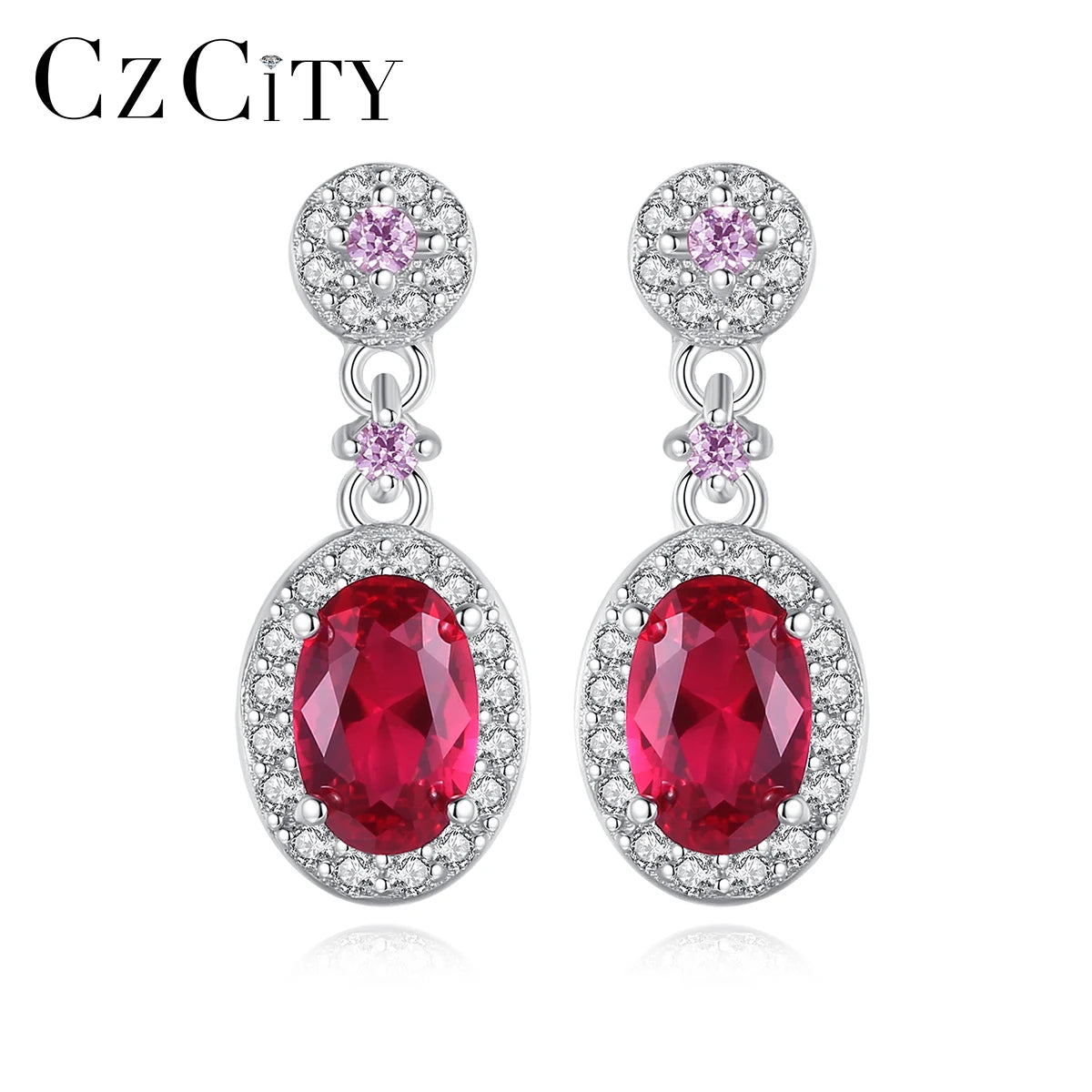 CZCITY Luxury Women 925 Silver Earrings Red Pigeon Egg Shape Redness Gem Pendant Earring Wholesale
