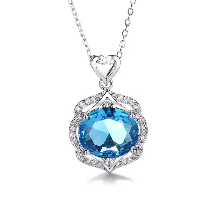 Yaeno Shiny Stone Jewelry Real Silver 925 Blue Stone Pendant Necklace for Women Gift