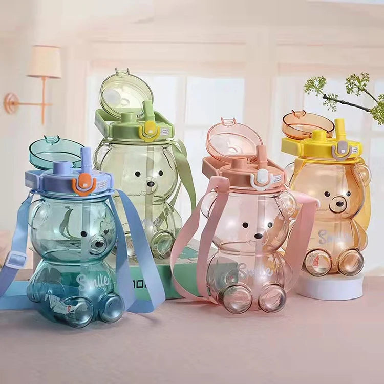 Gift Wholesale New Style Portable Travel Plastic Water Bottle Customized Cute Bear Shape Water Bottle With Straw and Strap
