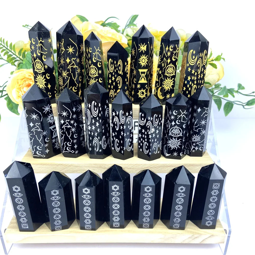 Wholesale Carved Engraved Natural Crystal Gemstone Point Black Obsidian Tower Runes Eco-friendly Love Style Art Collectible for